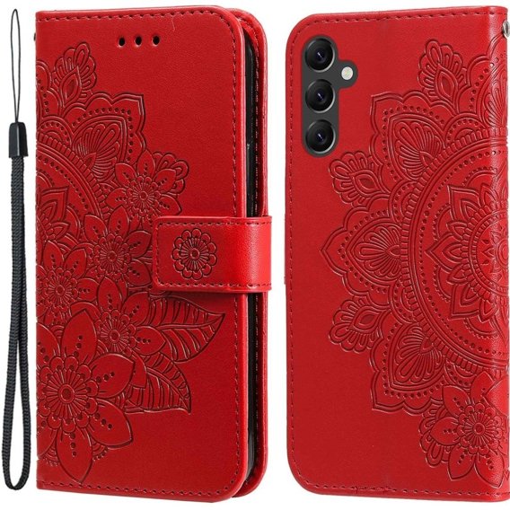 Zestaw Etui z klapką do Samsung Galaxy A14 4G/5G, portfel Mandala i kwiaty, czerwone + szkło