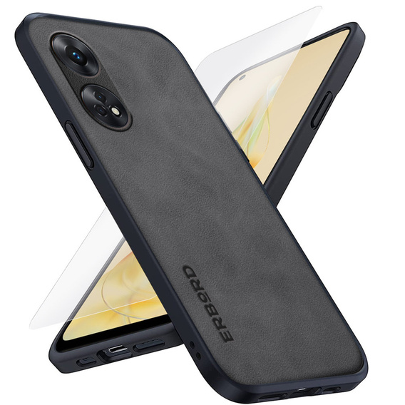 Zestaw Oppo Reno 8T 4G, ERBORD Business, z blaszką do uchwytów samochodowych, Szare + szkło