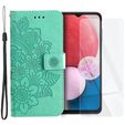 Zestaw Etui z klapką do Samsung Galaxy A13 4G, Mandala i kwiaty, Zielone + szkło